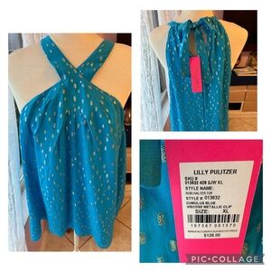 Lilly Pulitzer XL - NWT Rori Haltertop Cumulus Blue Viscose Metallic Clip